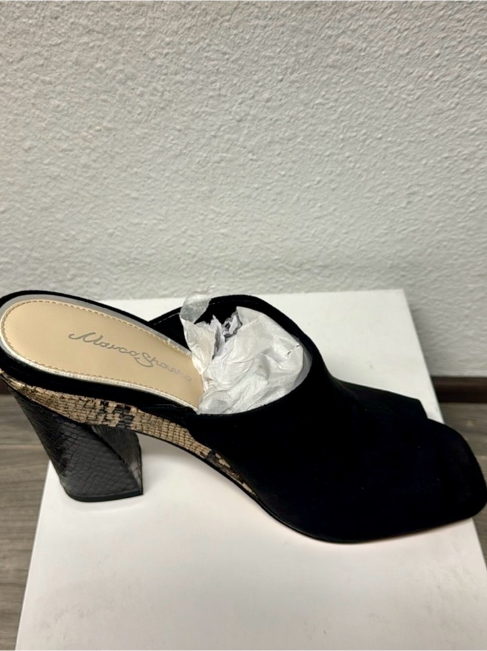 Black Suede Mule with Snake-Print Heel